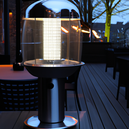Een staande terrasverwarmer die aan staat op een sfeervol verlicht terras