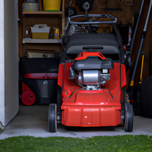 Grasmaaier die wordt opgeslagen in een garage